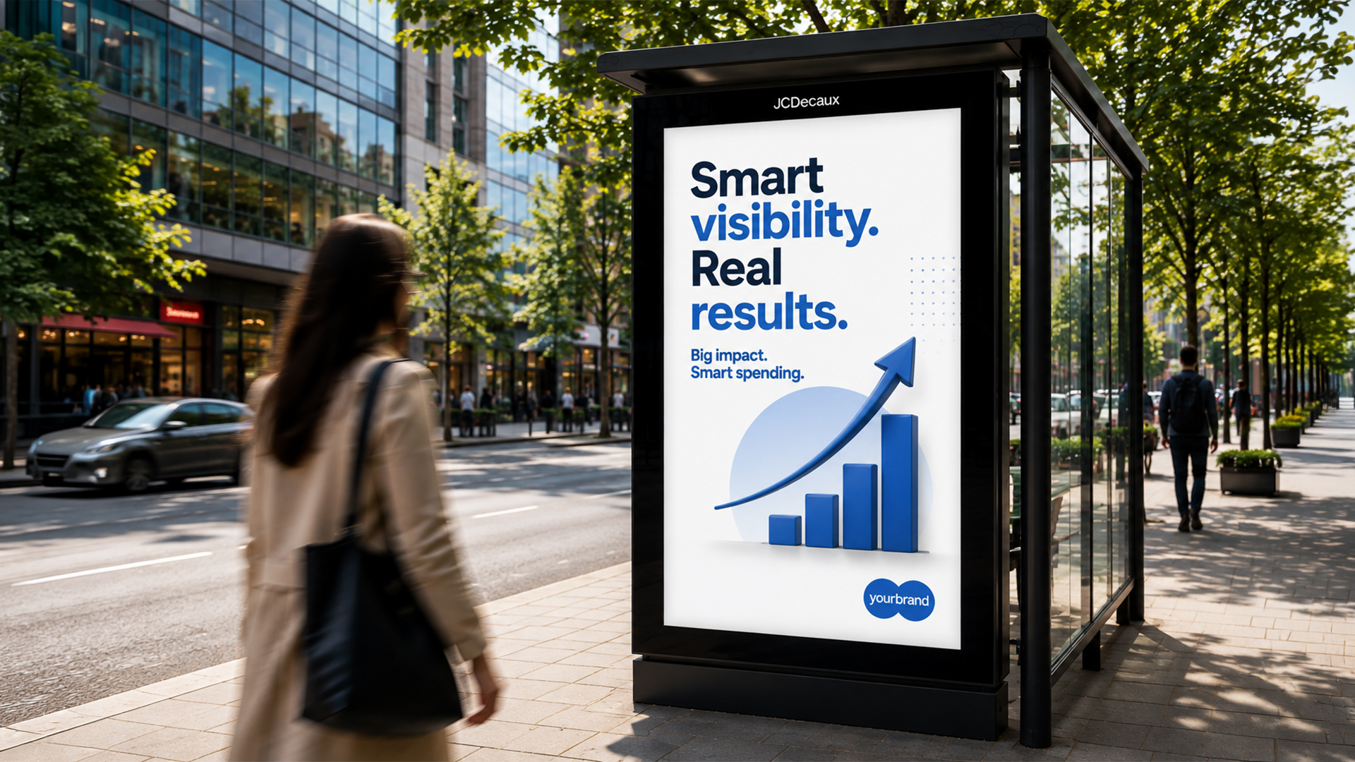 Digital bus-shelter ad reading 'Smart visibility. Real results. Big impact. Smart spending.' with a rising bar chart — DOOH advertising for small businesses.